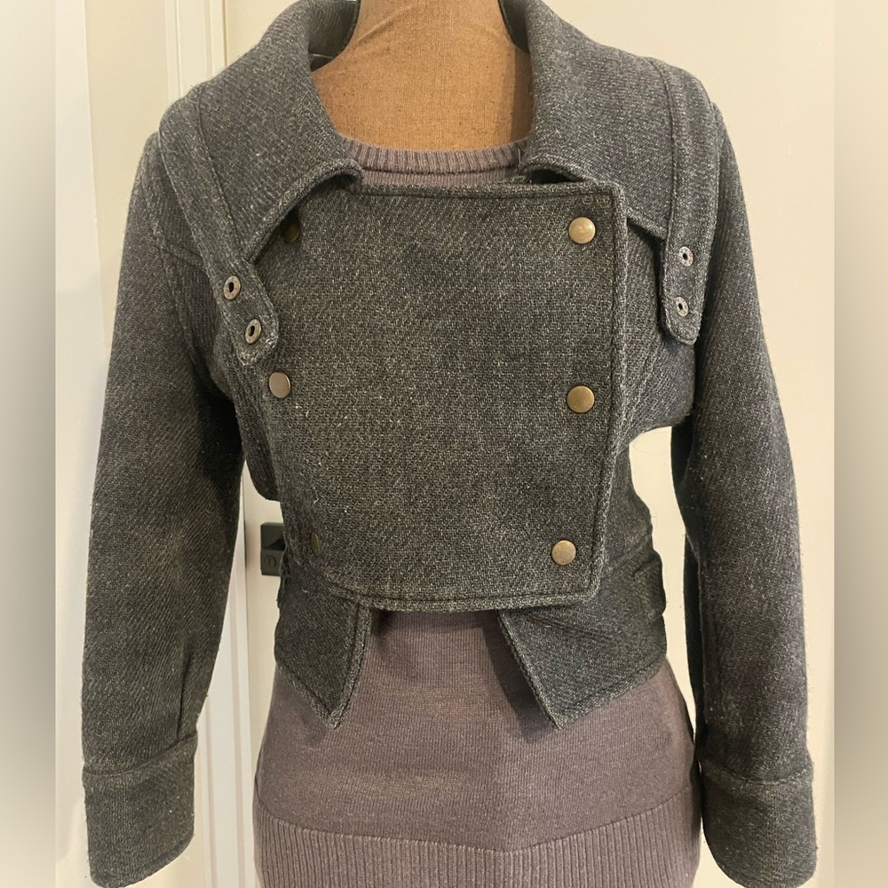 Charcoal cropped military style jacket with three quarter length sleeves
